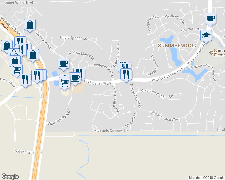 map of restaurants, bars, coffee shops, grocery stores, and more near 13918 Marigold Bloom Lane in Houston