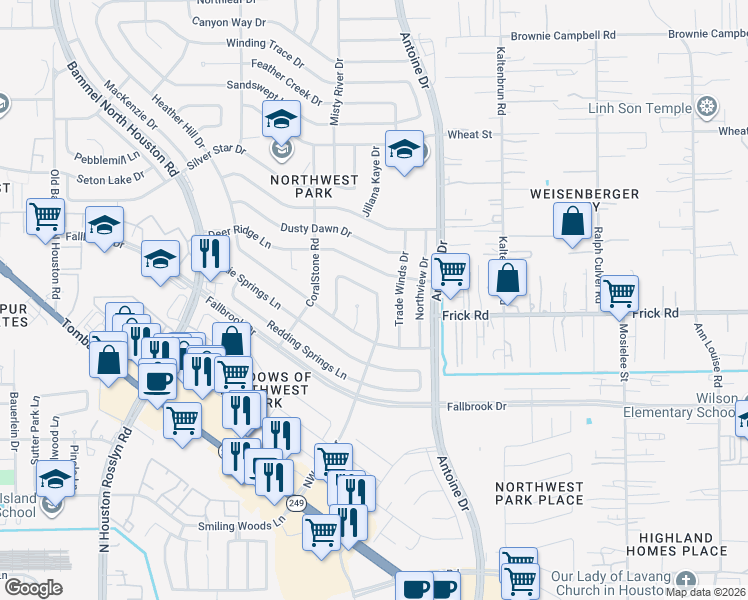 map of restaurants, bars, coffee shops, grocery stores, and more near 10139 Northwest Park Drive in Houston