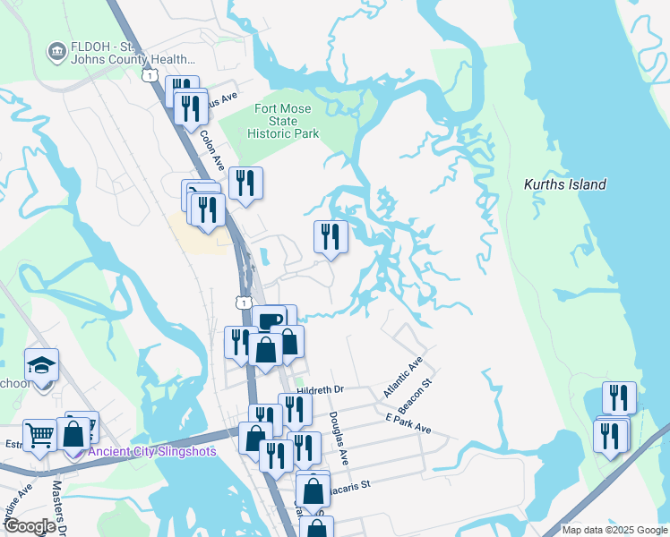 map of restaurants, bars, coffee shops, grocery stores, and more near 1075 Bella Vista Boulevard in St. Augustine