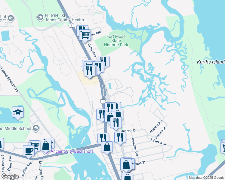 map of restaurants, bars, coffee shops, grocery stores, and more near 1005 Bella Vista Boulevard in St. Augustine