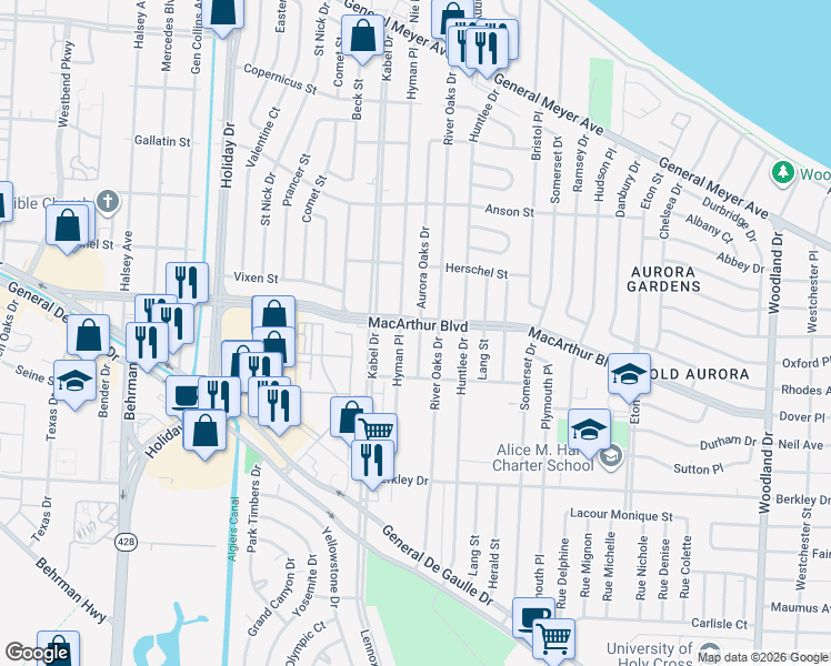 map of restaurants, bars, coffee shops, grocery stores, and more near 700 Aurora Oaks Drive in New Orleans