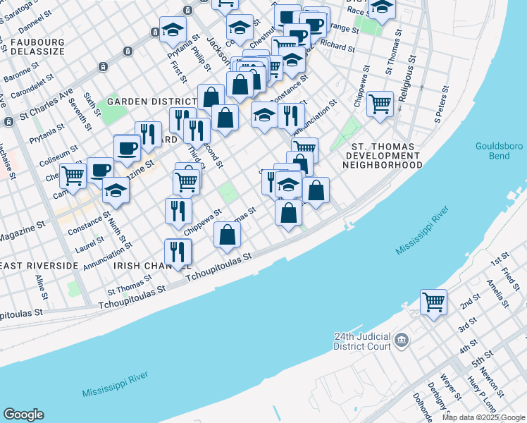 map of restaurants, bars, coffee shops, grocery stores, and more near 2418 Saint Thomas Street in New Orleans