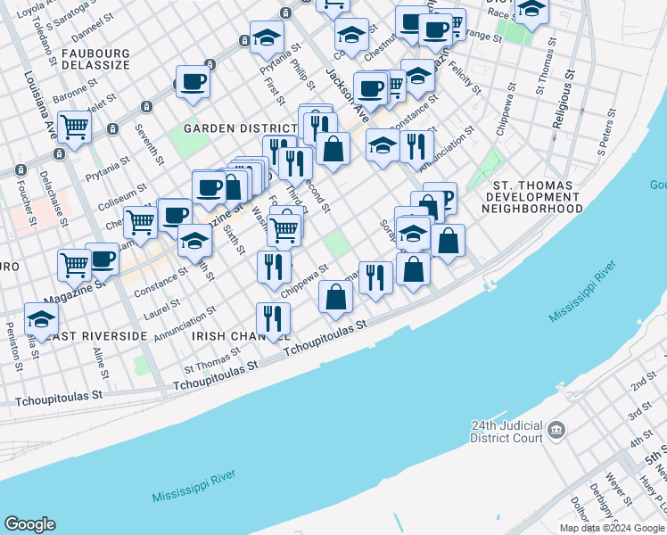 map of restaurants, bars, coffee shops, grocery stores, and more near 625 Third Street in New Orleans
