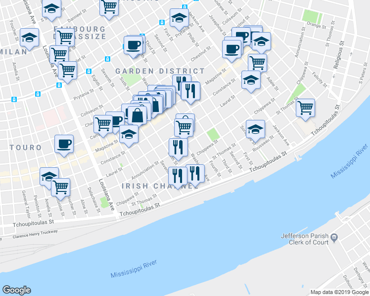 map of restaurants, bars, coffee shops, grocery stores, and more near 2815 Annunciation Street in New Orleans