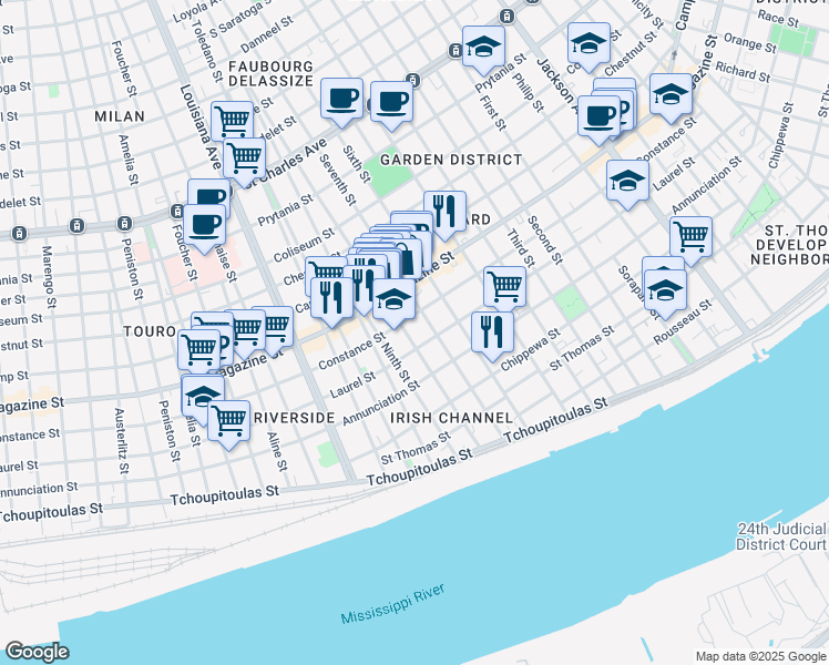 map of restaurants, bars, coffee shops, grocery stores, and more near 914 Seventh Street in New Orleans