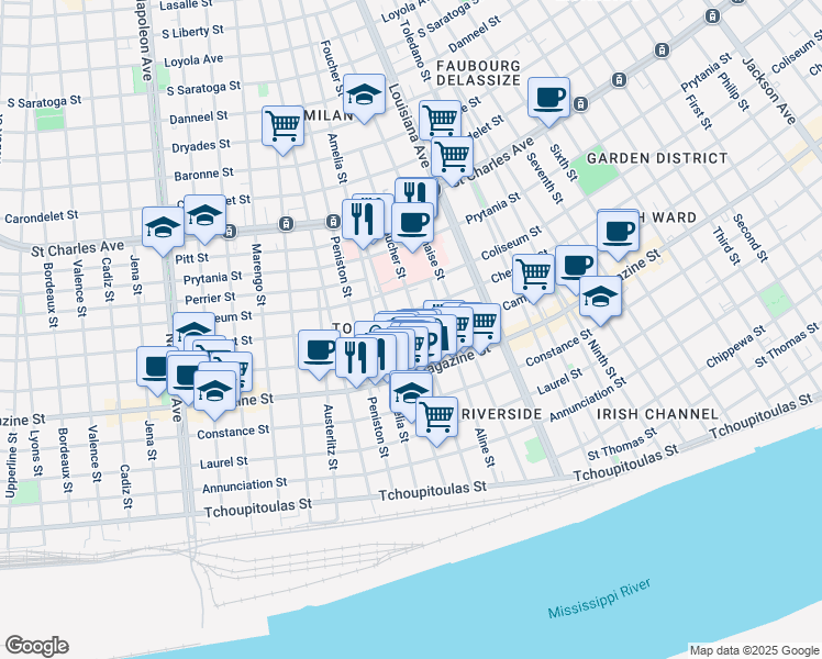 map of restaurants, bars, coffee shops, grocery stores, and more near 3628 Chestnut Street in New Orleans