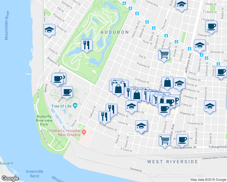 map of restaurants, bars, coffee shops, grocery stores, and more near 808 Henry Clay Avenue in New Orleans
