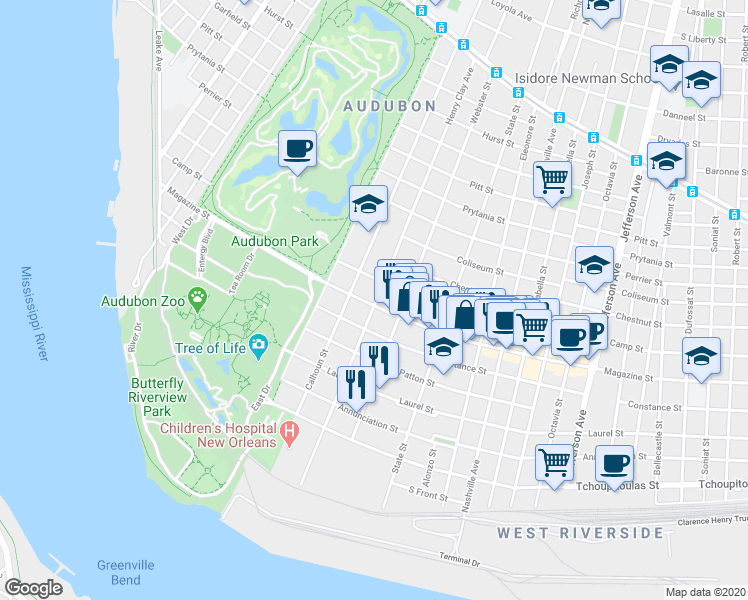 map of restaurants, bars, coffee shops, grocery stores, and more near 808 Henry Clay Avenue in New Orleans