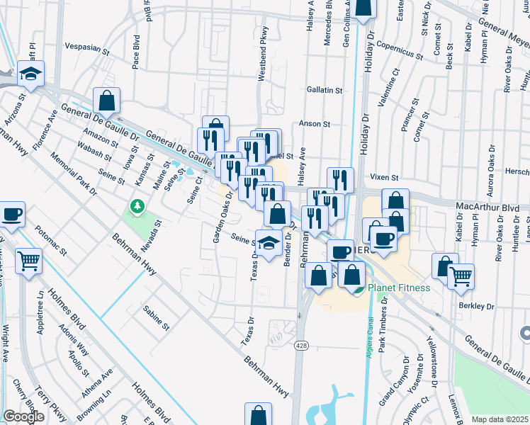 map of restaurants, bars, coffee shops, grocery stores, and more near 3665 General De Gaulle Drive in New Orleans