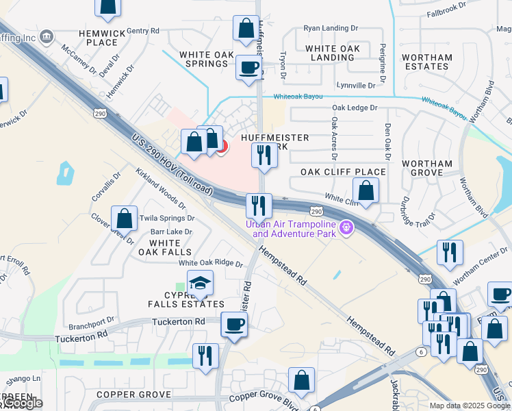 map of restaurants, bars, coffee shops, grocery stores, and more near Northwest Freeway in Houston