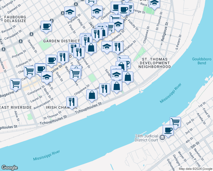 map of restaurants, bars, coffee shops, grocery stores, and more near 2418 Saint Thomas Street in New Orleans