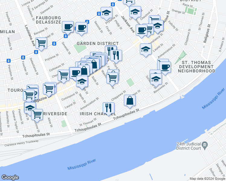 map of restaurants, bars, coffee shops, grocery stores, and more near 738 Washington Avenue in New Orleans