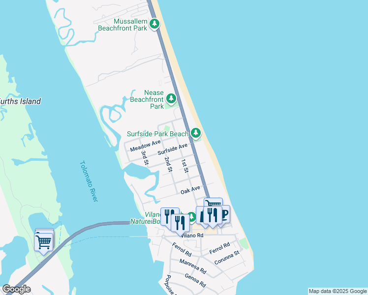 map of restaurants, bars, coffee shops, grocery stores, and more near 109 Surfside Avenue in St. Augustine