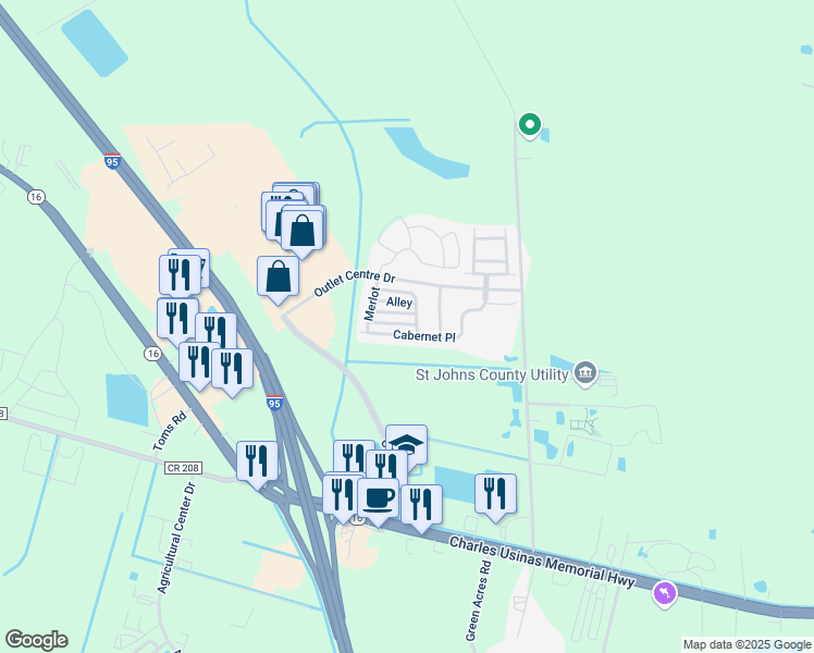 map of restaurants, bars, coffee shops, grocery stores, and more near 478 Alley in St. Augustine