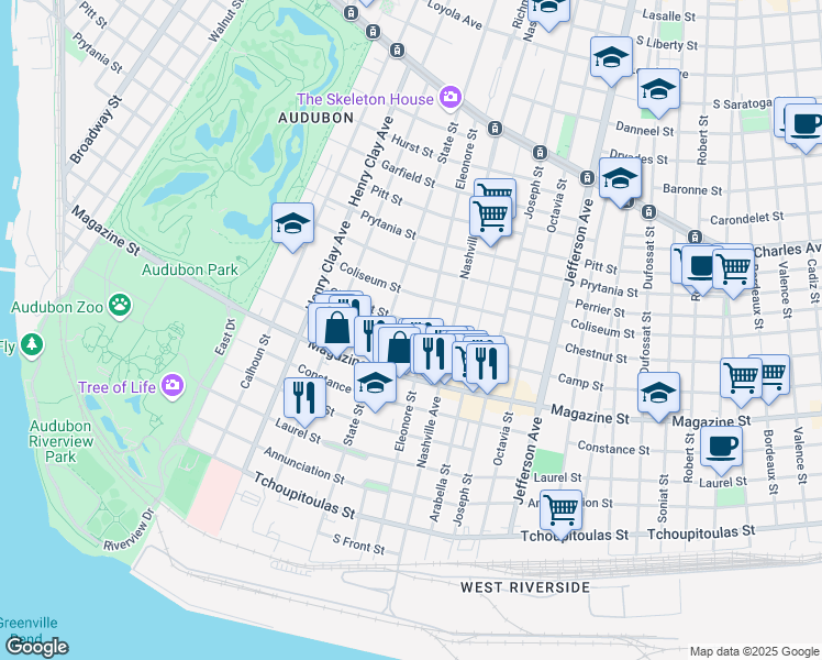 map of restaurants, bars, coffee shops, grocery stores, and more near 5922 Chestnut St in New Orleans