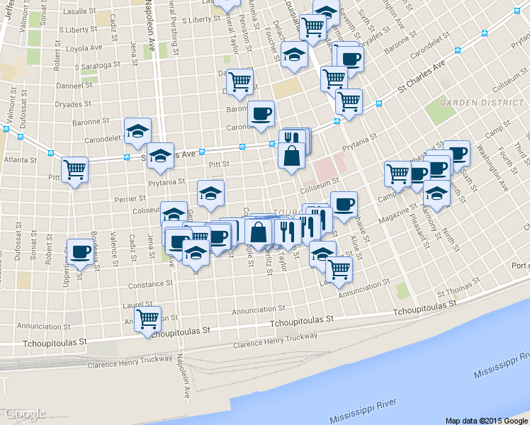 map of restaurants, bars, coffee shops, grocery stores, and more near 1105 Austerlitz Street in New Orleans
