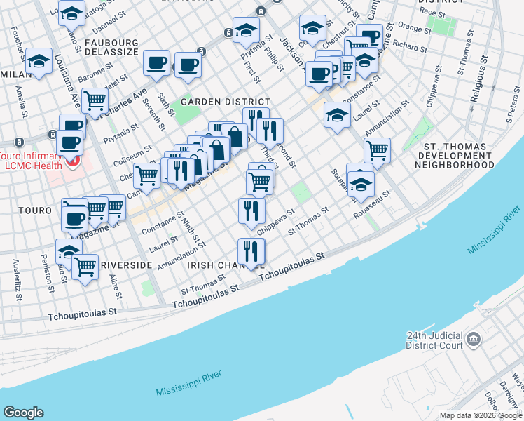 map of restaurants, bars, coffee shops, grocery stores, and more near 738 Washington Avenue in New Orleans