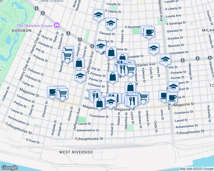 map of restaurants, bars, coffee shops, grocery stores, and more near 5201 Coliseum Street in New Orleans