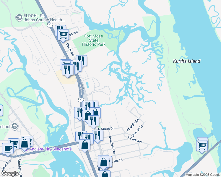 map of restaurants, bars, coffee shops, grocery stores, and more near 1080 Bella Vista Boulevard in St. Augustine