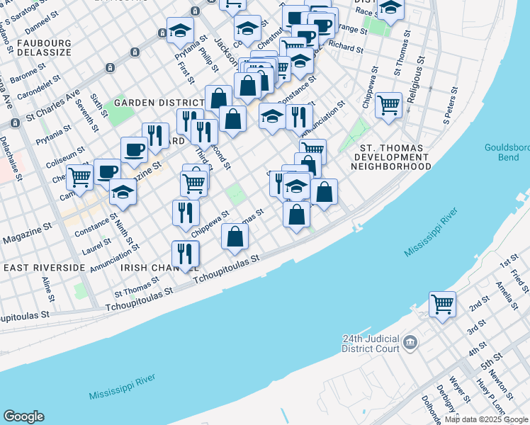 map of restaurants, bars, coffee shops, grocery stores, and more near 2418 Saint Thomas Street in New Orleans