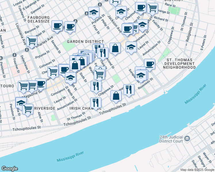 map of restaurants, bars, coffee shops, grocery stores, and more near 716 Fourth Street in New Orleans