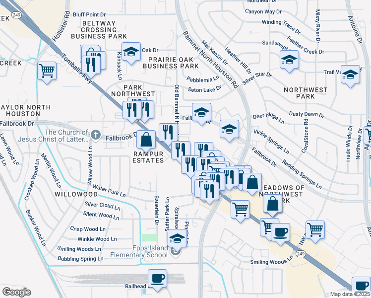map of restaurants, bars, coffee shops, grocery stores, and more near 14150 Tomball Parkway in Houston