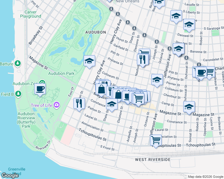 map of restaurants, bars, coffee shops, grocery stores, and more near 910 State Street in New Orleans