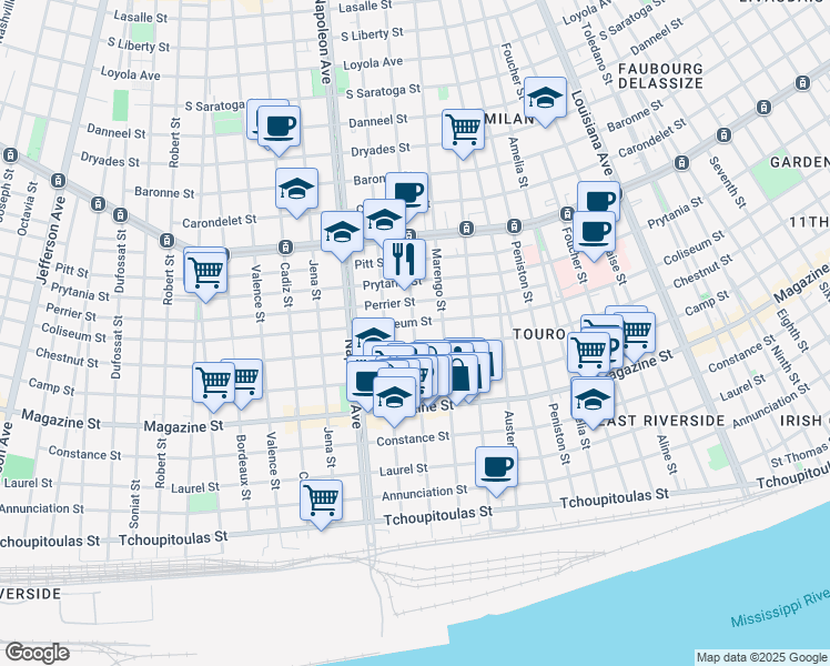 map of restaurants, bars, coffee shops, grocery stores, and more near 1111 Milan Street in New Orleans