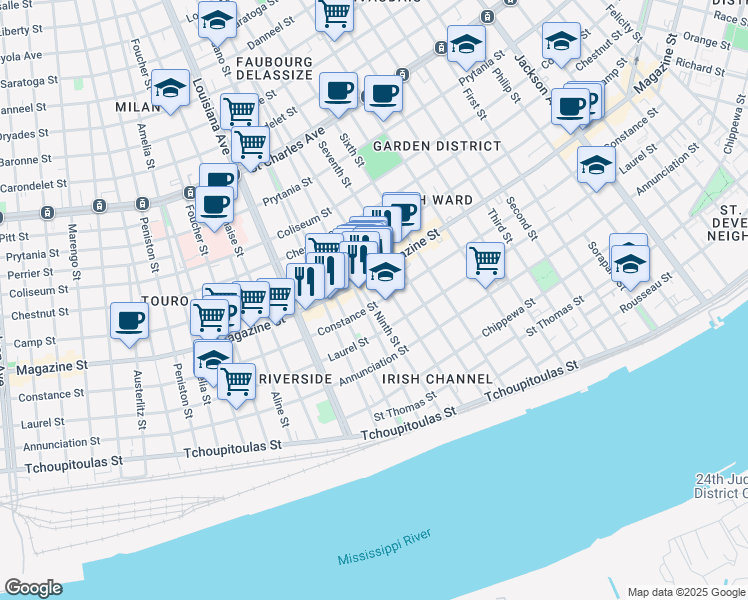 map of restaurants, bars, coffee shops, grocery stores, and more near 3127 Constance Street in New Orleans