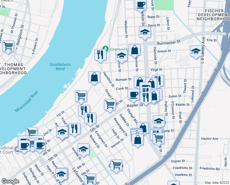 map of restaurants, bars, coffee shops, grocery stores, and more near 468 Hamilton Street in Gretna