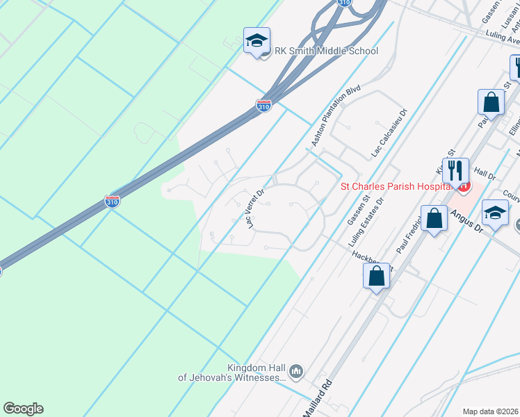 map of restaurants, bars, coffee shops, grocery stores, and more near 202 Lac Segnette Drive in Luling