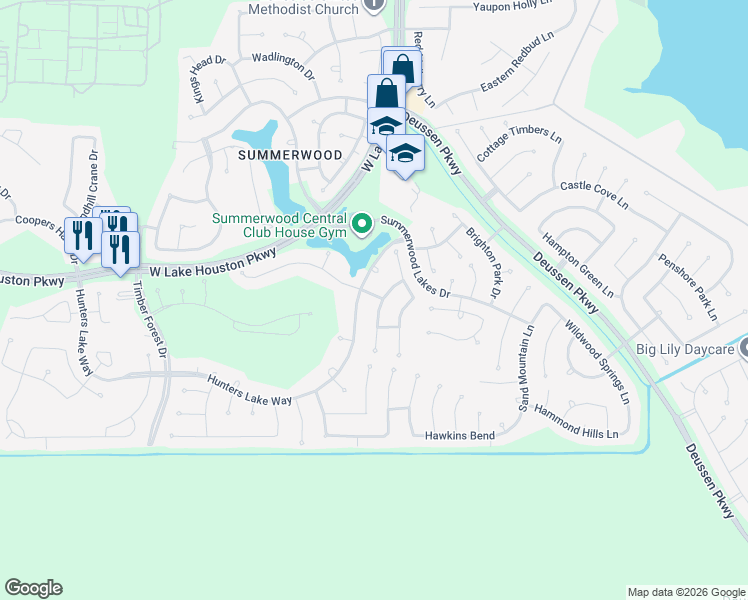 map of restaurants, bars, coffee shops, grocery stores, and more near 15502 Stone Gables Lane in Houston