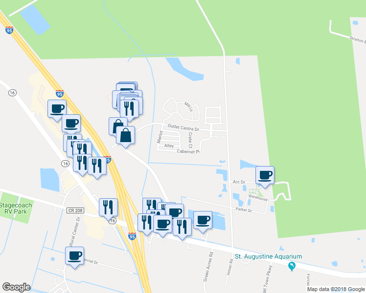 map of restaurants, bars, coffee shops, grocery stores, and more near 306 Syrah Way in St. Augustine