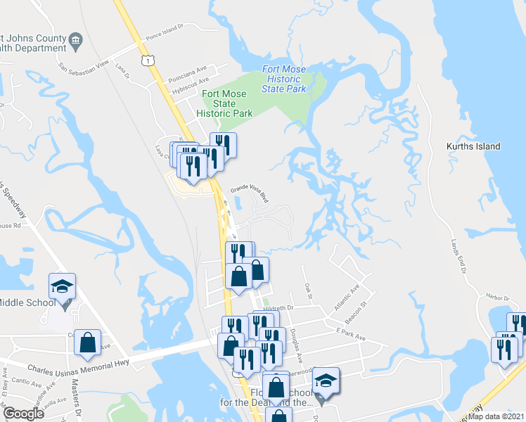 map of restaurants, bars, coffee shops, grocery stores, and more near 4000 Grande Vista Boulevard in St. Augustine