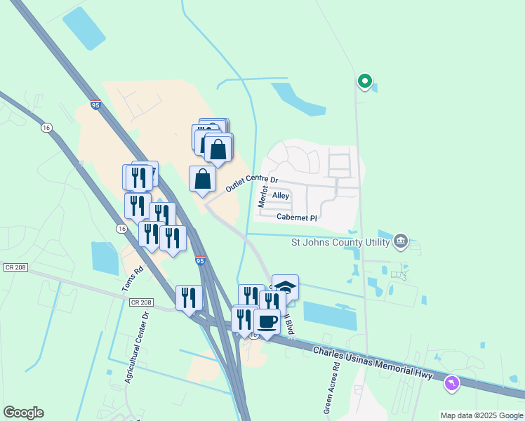 map of restaurants, bars, coffee shops, grocery stores, and more near 420 Alley in St. Augustine