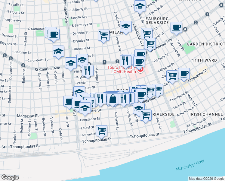 map of restaurants, bars, coffee shops, grocery stores, and more near 1105 Austerlitz Street in New Orleans