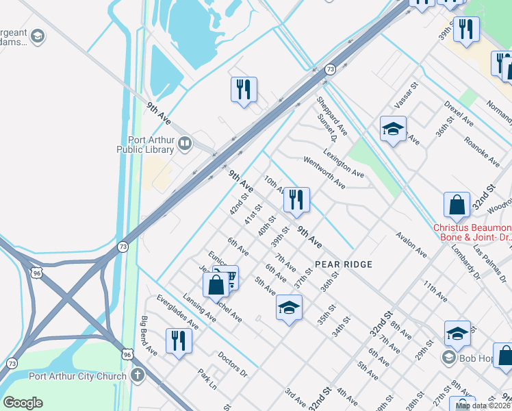 map of restaurants, bars, coffee shops, grocery stores, and more near 3639 41st Street in Port Arthur