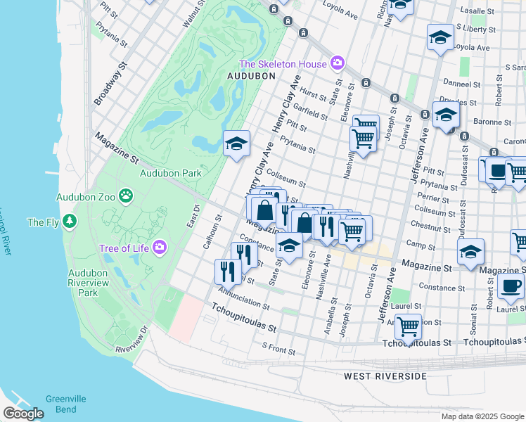 map of restaurants, bars, coffee shops, grocery stores, and more near 839 Webster Street in New Orleans