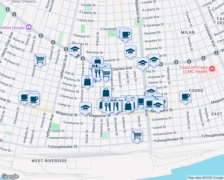 map of restaurants, bars, coffee shops, grocery stores, and more near 1200 Bordeaux Street in New Orleans