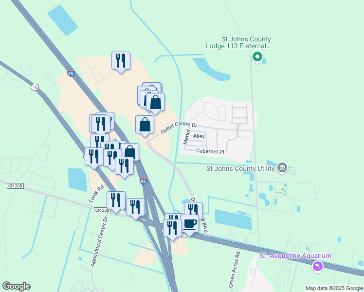 map of restaurants, bars, coffee shops, grocery stores, and more near 169 Merlot in Saint Augustine