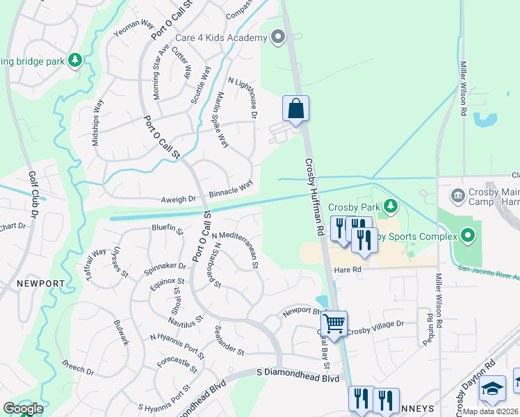 map of restaurants, bars, coffee shops, grocery stores, and more near 302 Kingsport St in Crosby