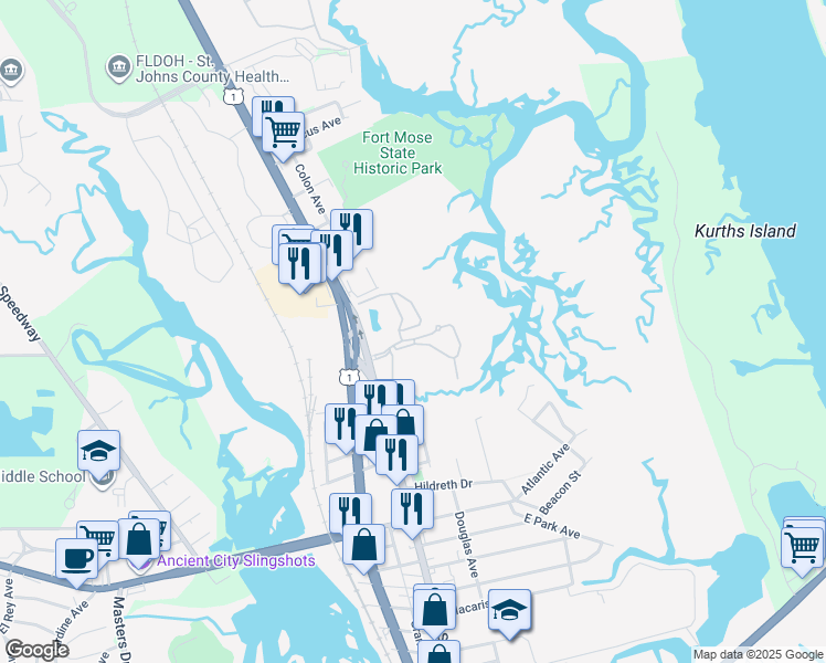 map of restaurants, bars, coffee shops, grocery stores, and more near 4000 Grande Vista Boulevard in St. Augustine