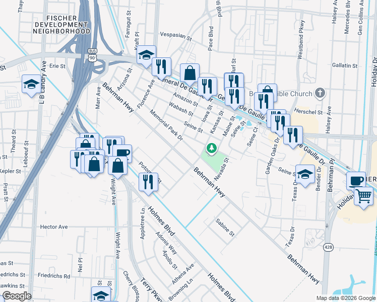 map of restaurants, bars, coffee shops, grocery stores, and more near 2918 Behrman Highway in New Orleans
