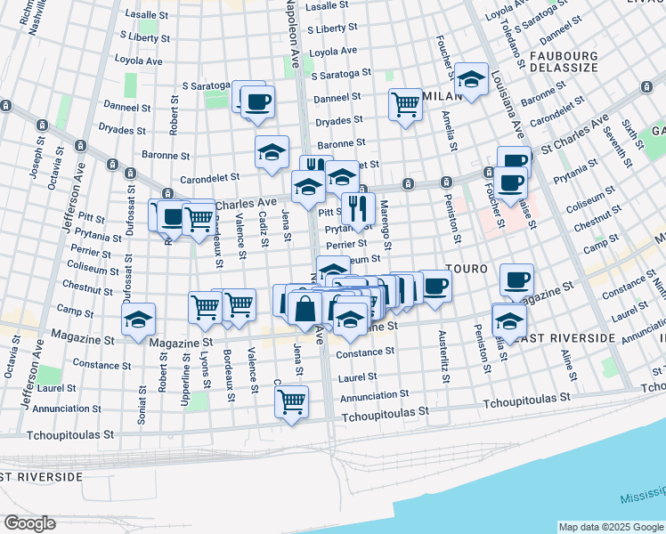 map of restaurants, bars, coffee shops, grocery stores, and more near 1125 General Pershing Street in New Orleans