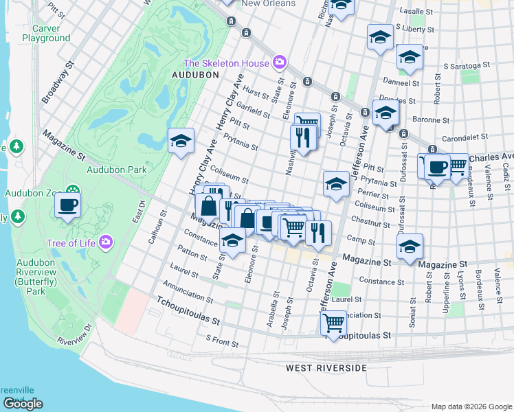 map of restaurants, bars, coffee shops, grocery stores, and more near 5922 Chestnut Street in New Orleans