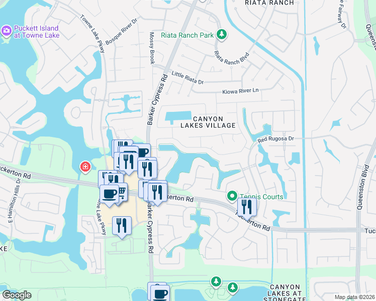 map of restaurants, bars, coffee shops, grocery stores, and more near 17515 South Summit Canyon Drive in Houston