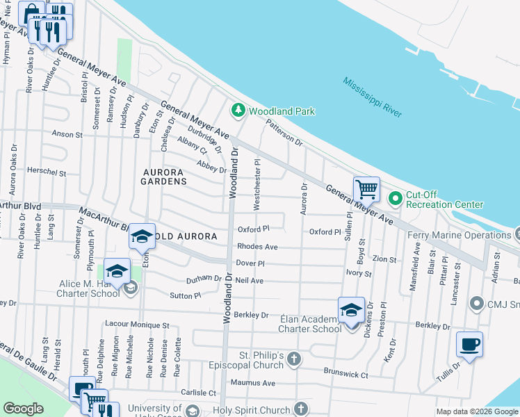 map of restaurants, bars, coffee shops, grocery stores, and more near 6000 Brighton Place in New Orleans