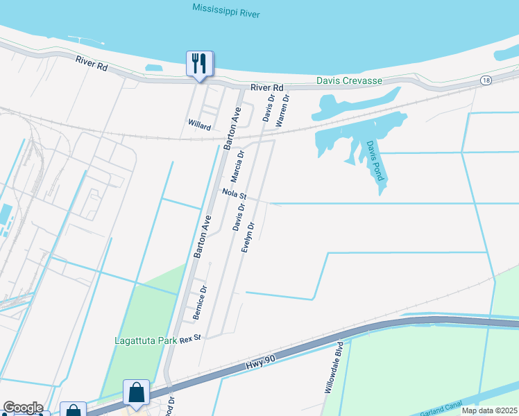 map of restaurants, bars, coffee shops, grocery stores, and more near 303 Evelyn Drive in Luling