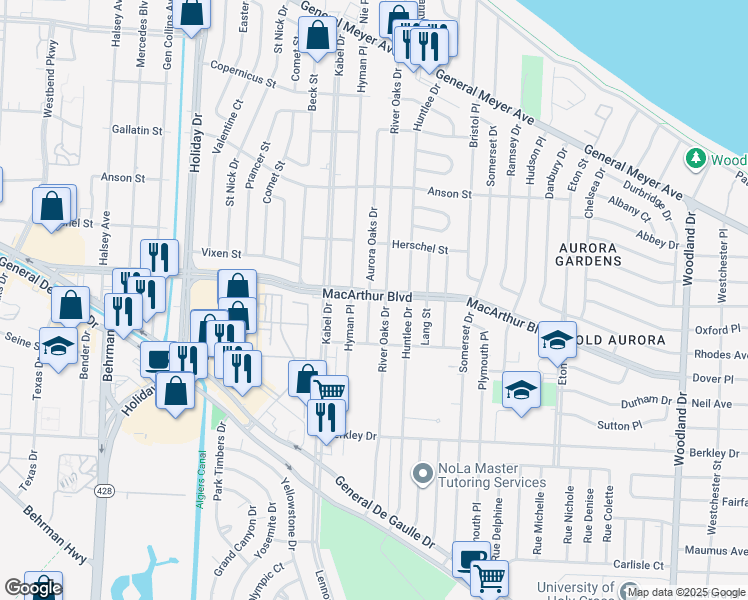 map of restaurants, bars, coffee shops, grocery stores, and more near 700 Aurora Oaks Drive in New Orleans