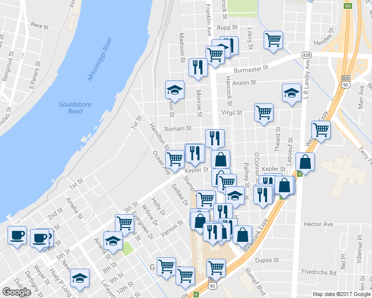map of restaurants, bars, coffee shops, grocery stores, and more near 1511 Madison Street in Gretna